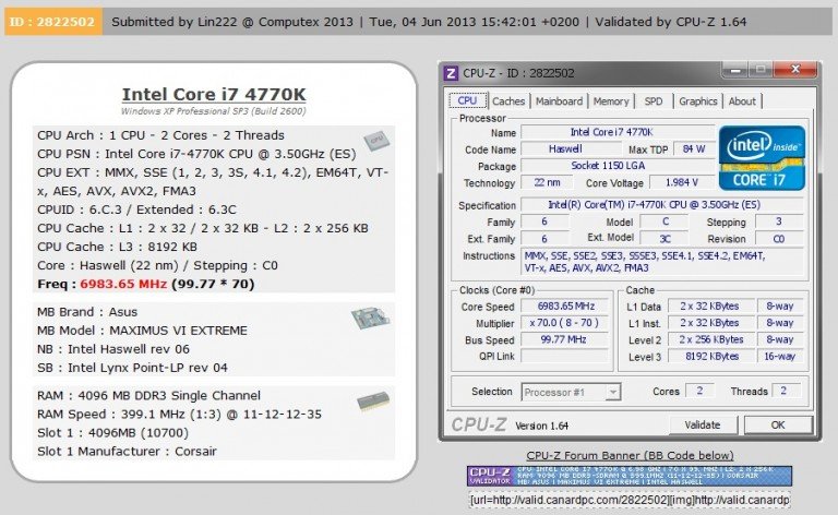 Un i7 4770K désormais officiellement sorti, à 7GHz!