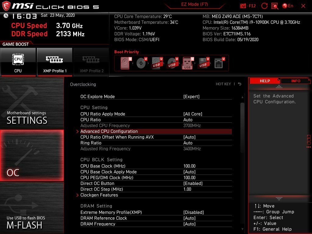 Option bios MSI Z490 Enhanced Turbo