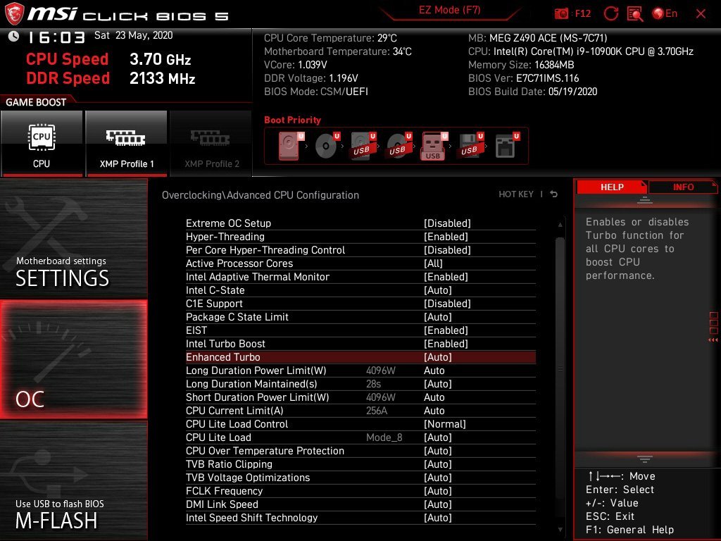Option bios MSI Z490 Enhanced Turbo