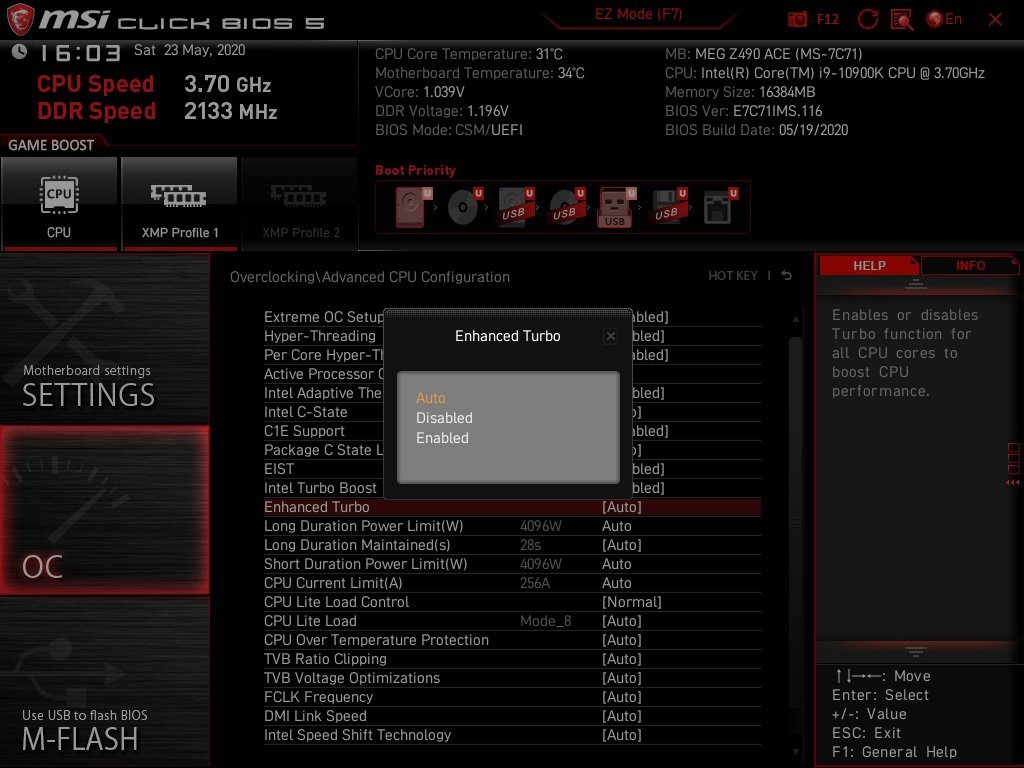 Option bios MSI Z490 Enhanced Turbo