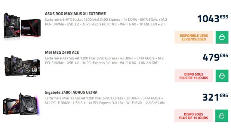 Les prix des cartes mères Z490 s&rsquo;affichent