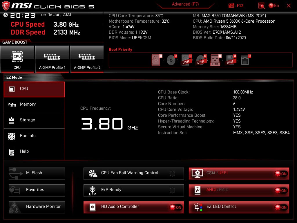Bios MSI MEG B550 Tomahawk