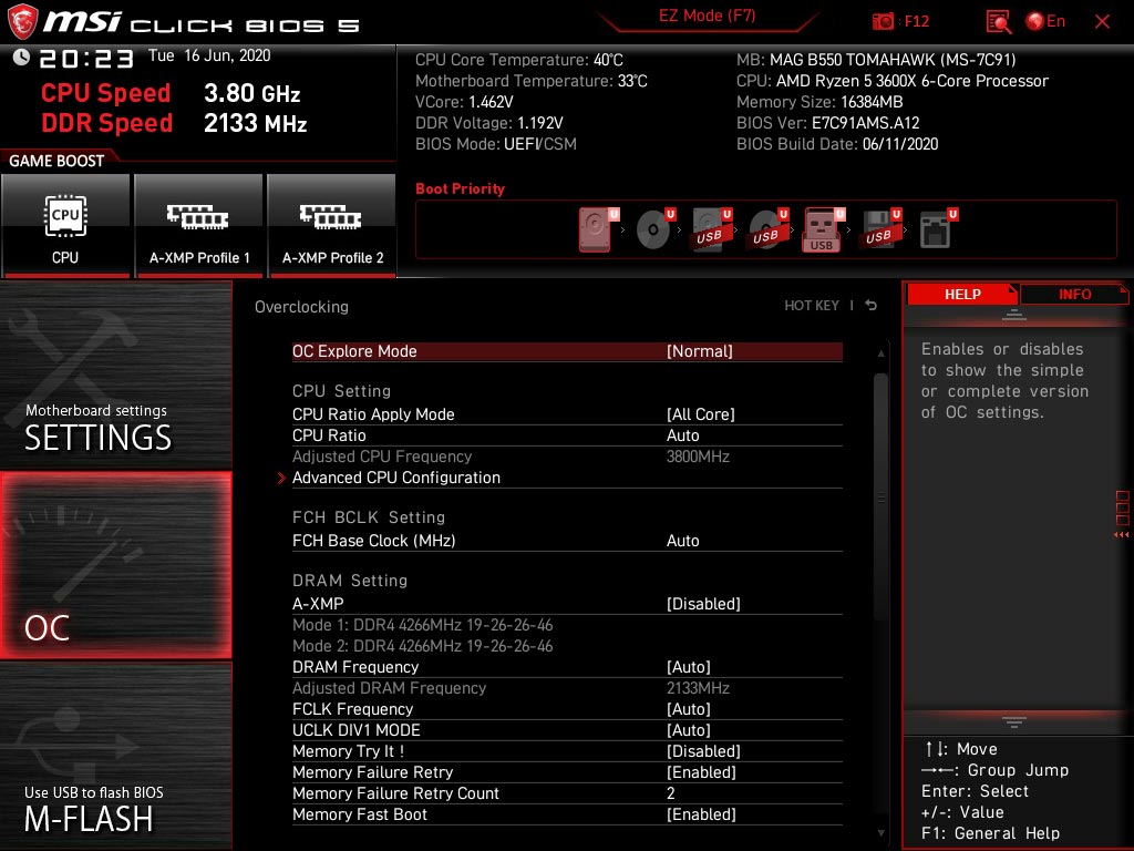 Bios MSI MEG B550 Tomahawk