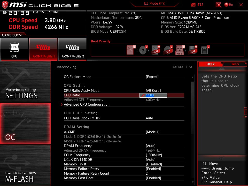 Paramètres d'overclocking bios MSI MAG B550 Tomahawk