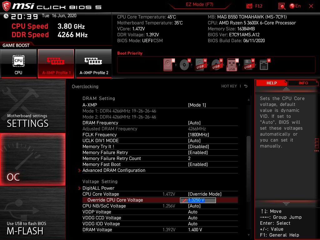 Paramètres d'overclocking bios MSI MAG B550 Tomahawk