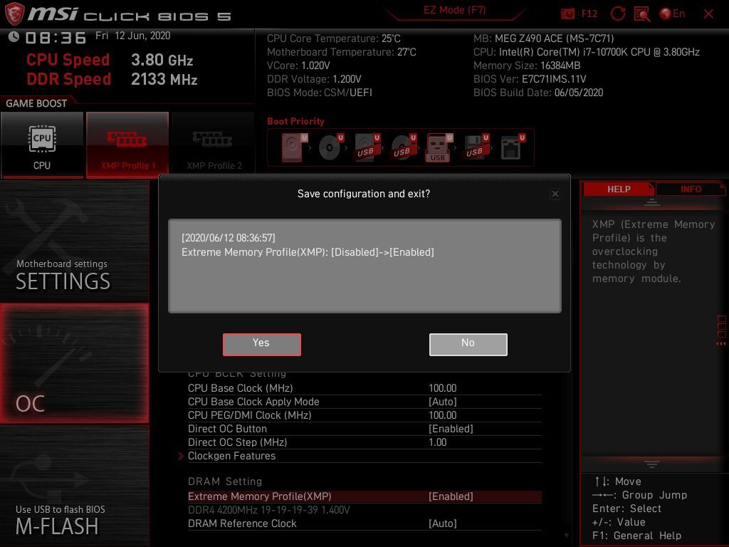Les réglages du bios MSI MEG Z490 ACE