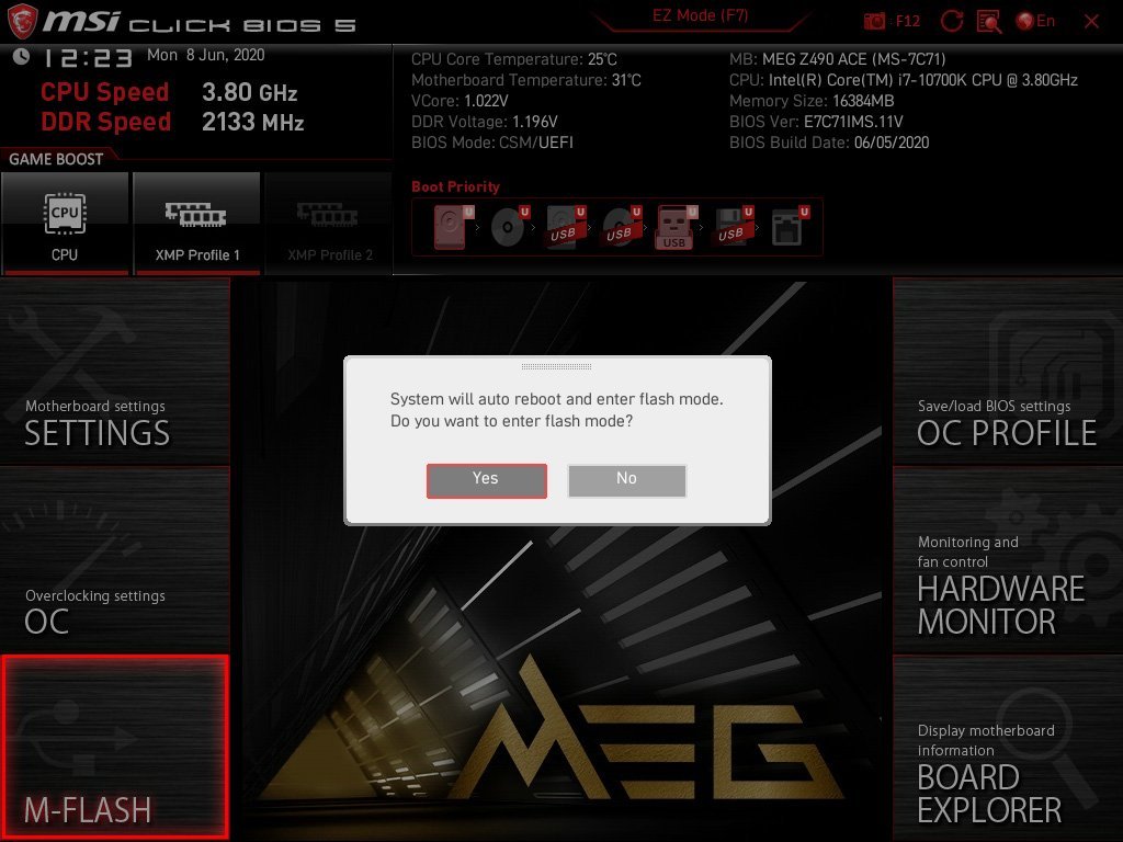 Le flash du bios MSI MEG Z490 ACE