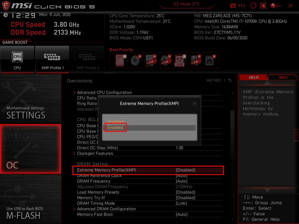 Activer le XMP bios MSI MEG Z490 ACE