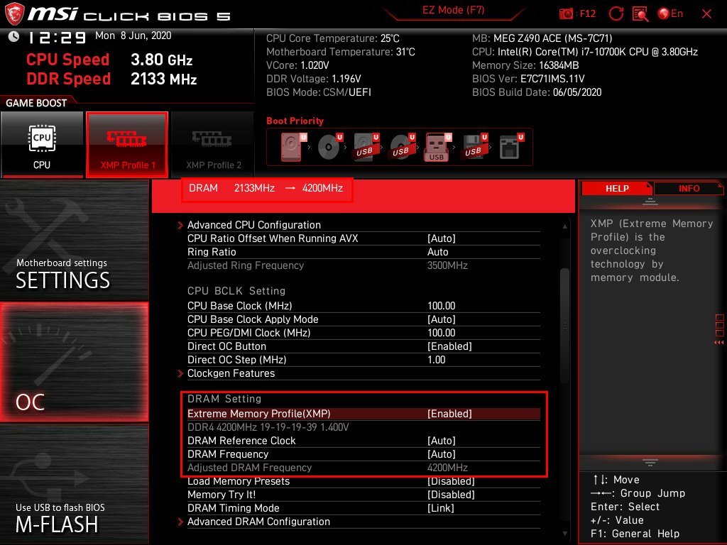 Activer le XMP bios MSI MEG Z490 ACE