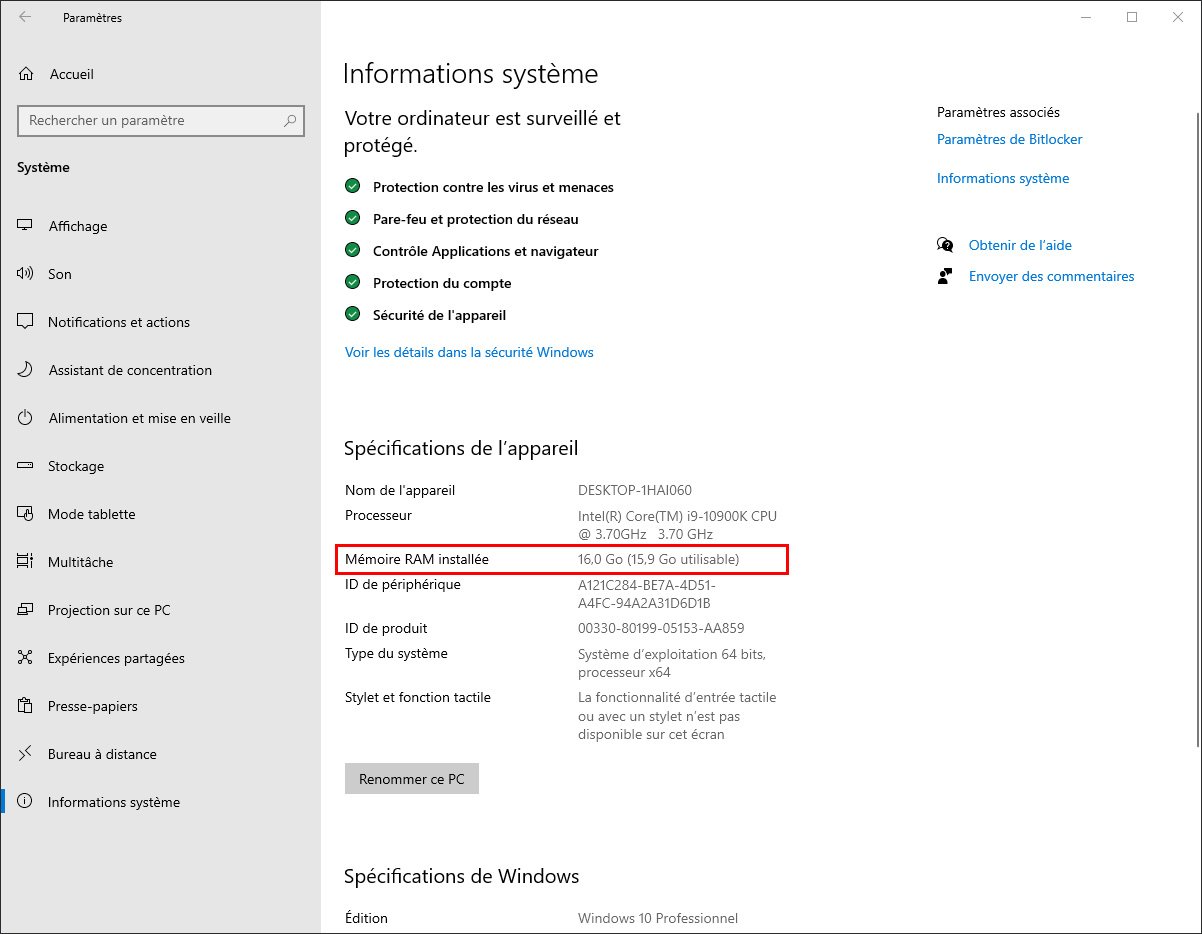 Modification quantité de mémoire win 10