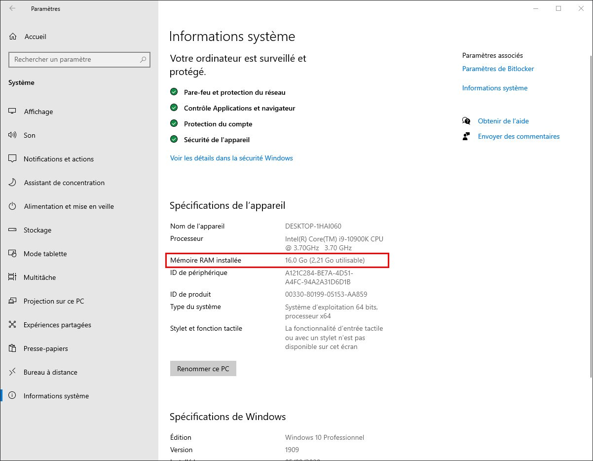 Modification quantité de mémoire win 10