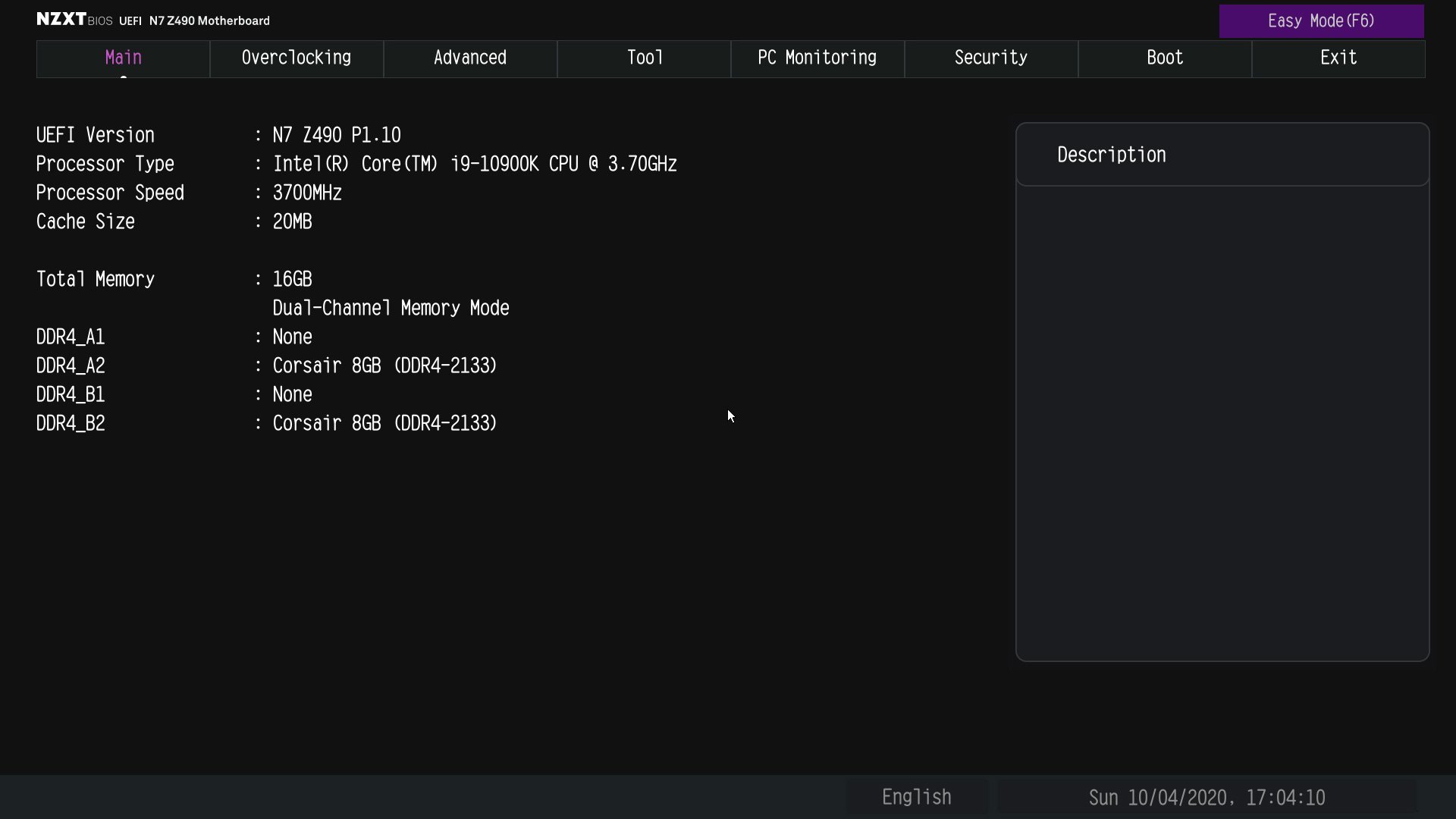 Le bios de la carte mère N7 490 de NZXT