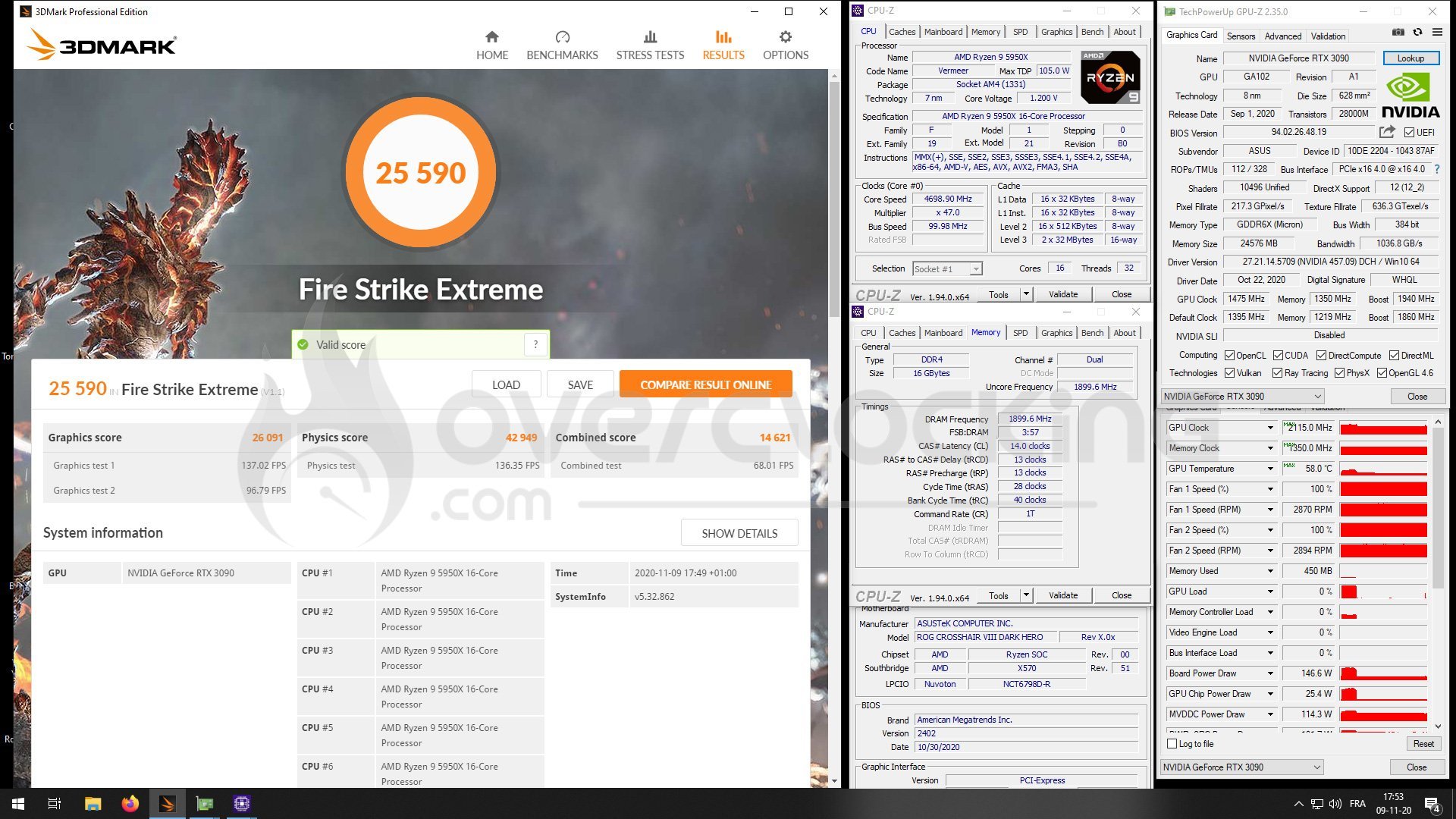 5950X et RTX 3090 Strix OC sous Fire Strike Extreme