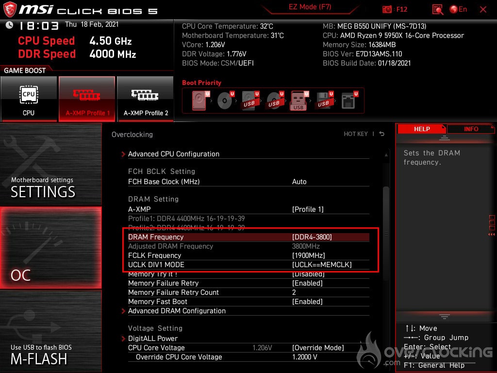 OC mémoire BIOS MSI MEG B550 Unify