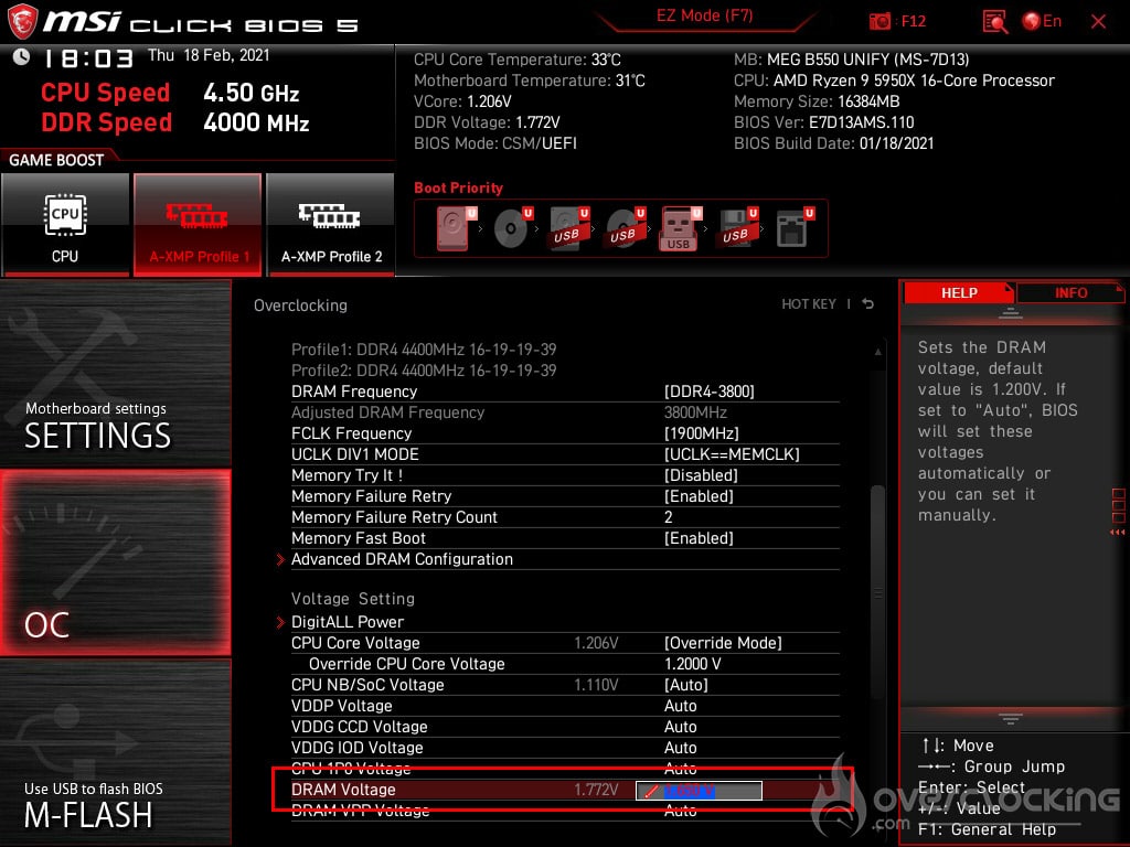 OC mémoire BIOS MSI MEG B550 Unify
