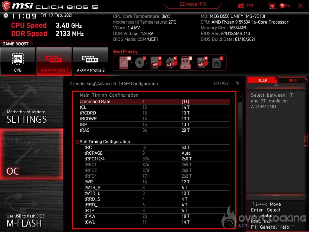 OC mémoire BIOS MSI MEG B550 Unify