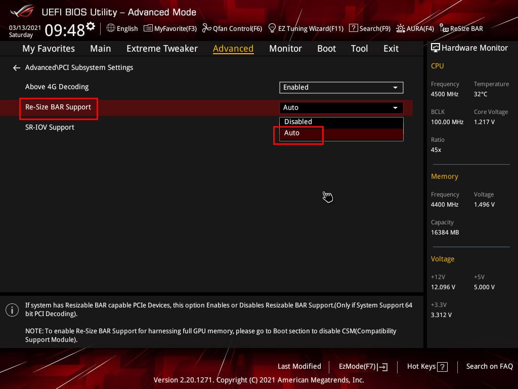 Activation SAM AMD dans le BIOS Asus