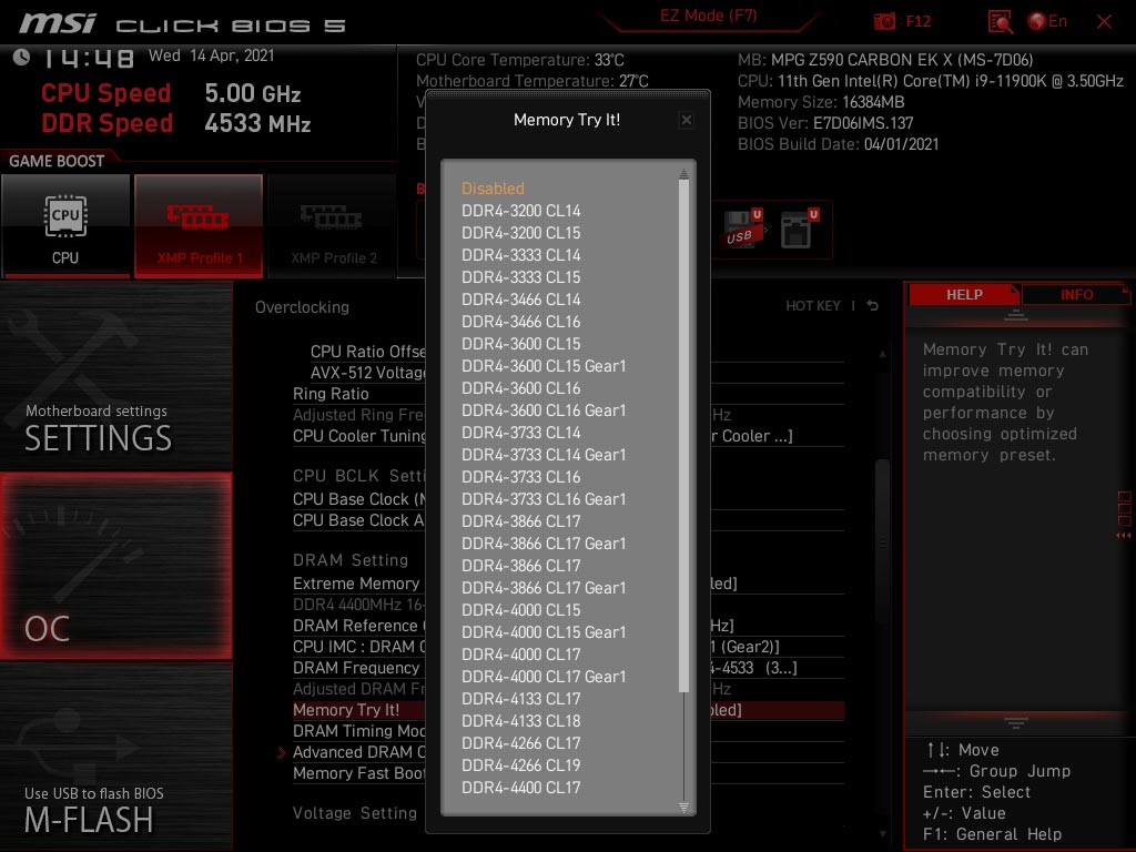 BIOS MSI MEG Z590 Carbon EK X