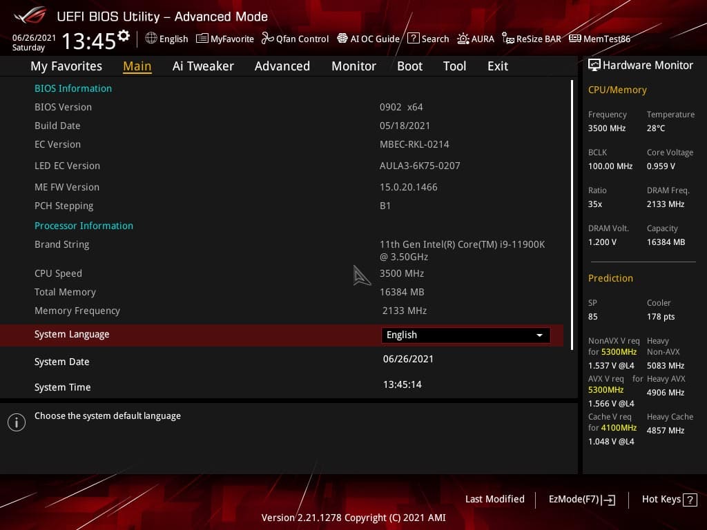 BIOS de la carte mère ROG Strix Z590-E Gaming Wifi d'Asus