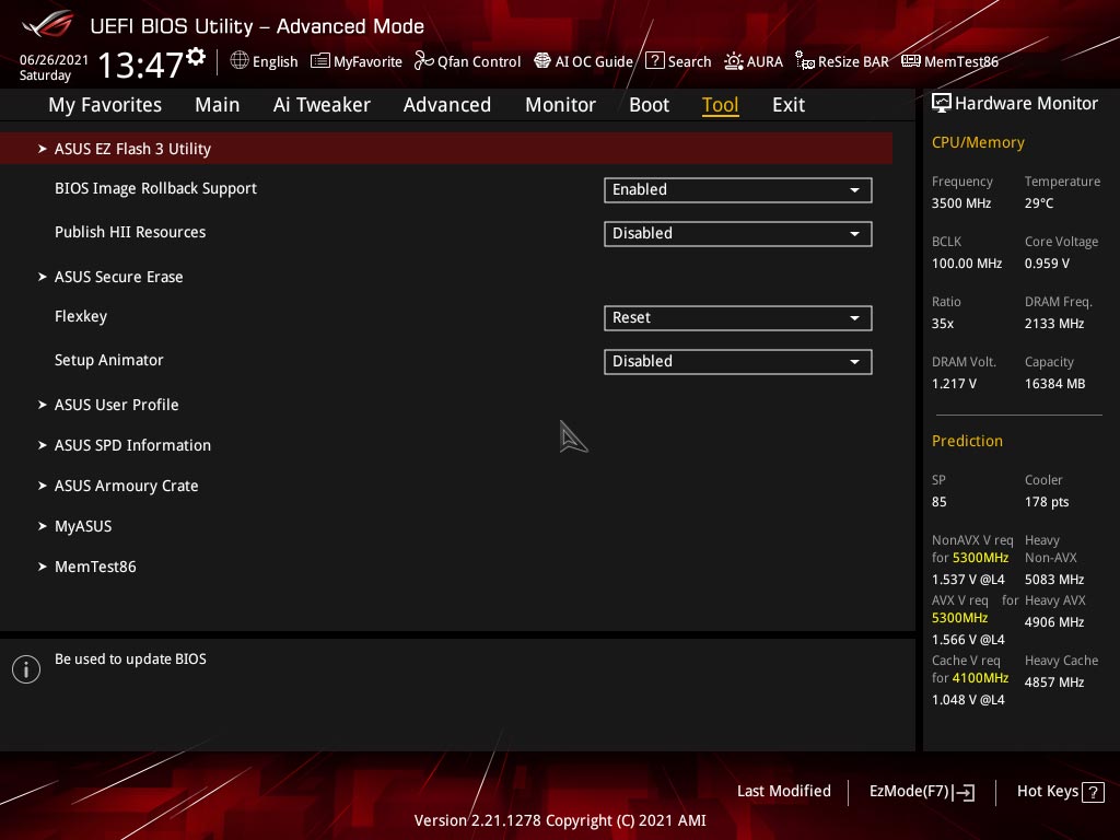 BIOS de la carte mère ROG Strix Z590-E Gaming Wifi d'Asus