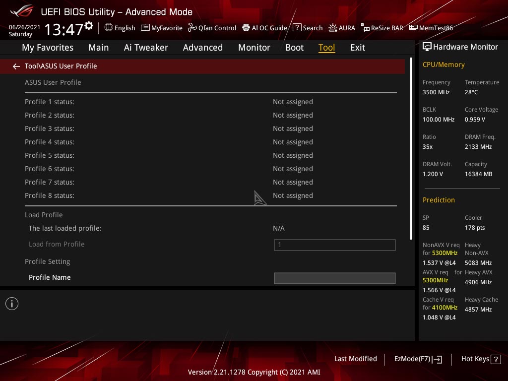 BIOS de la carte mère ROG Strix Z590-E Gaming Wifi d'Asus