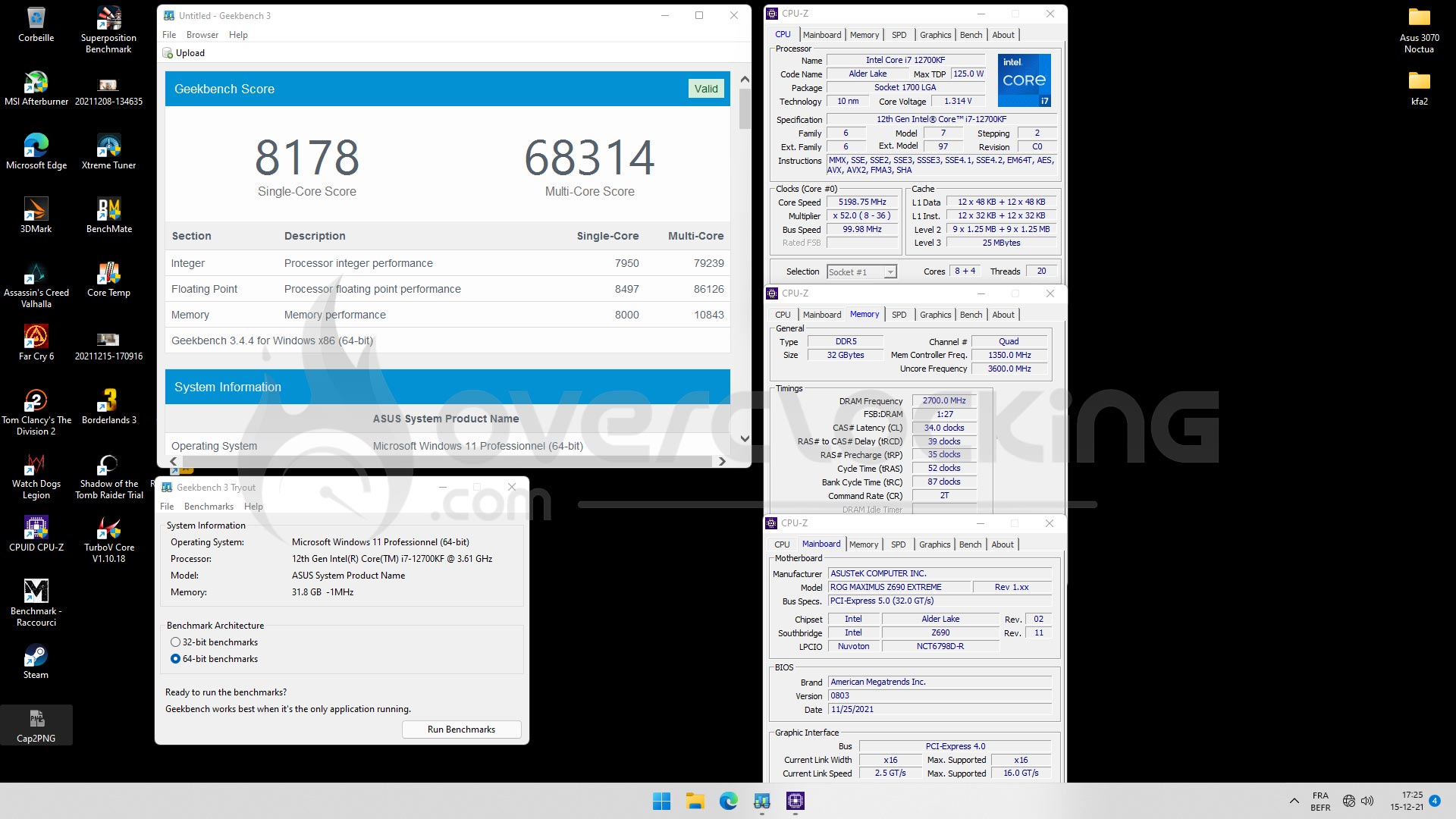 Geekbench3 overclocking 12700KF Rog Extreme