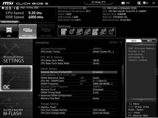 bios MSI Z690 a pro XMP profile
