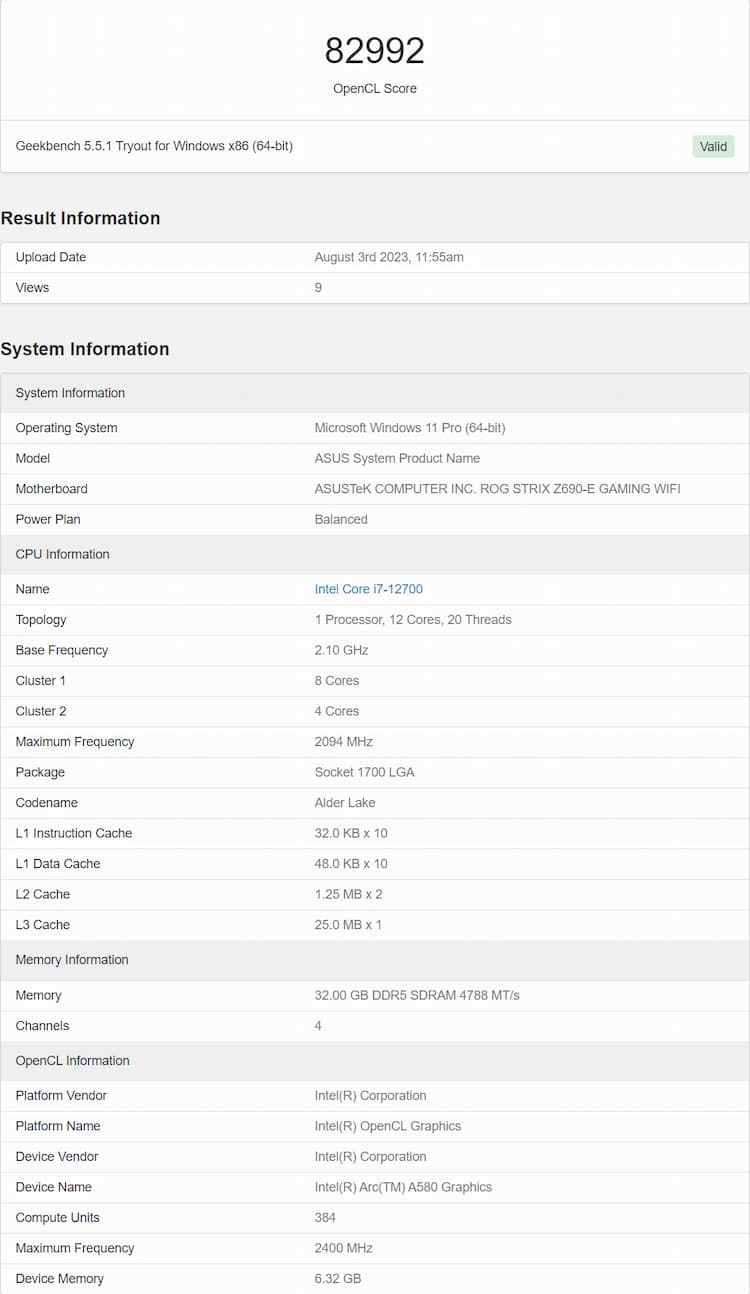 Intel Arc A580 Geekbench