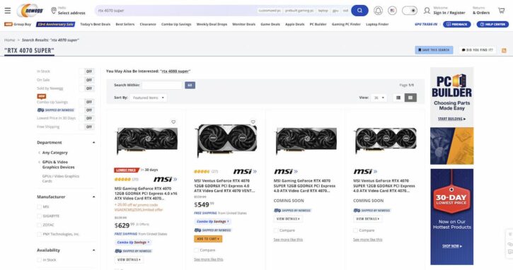 RTX 40 Super prix Newegg