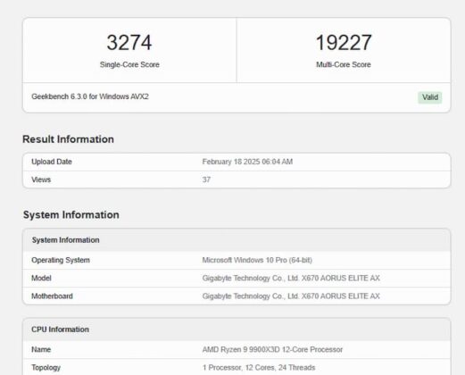 Ryzen 9 9900X3D GeekBench