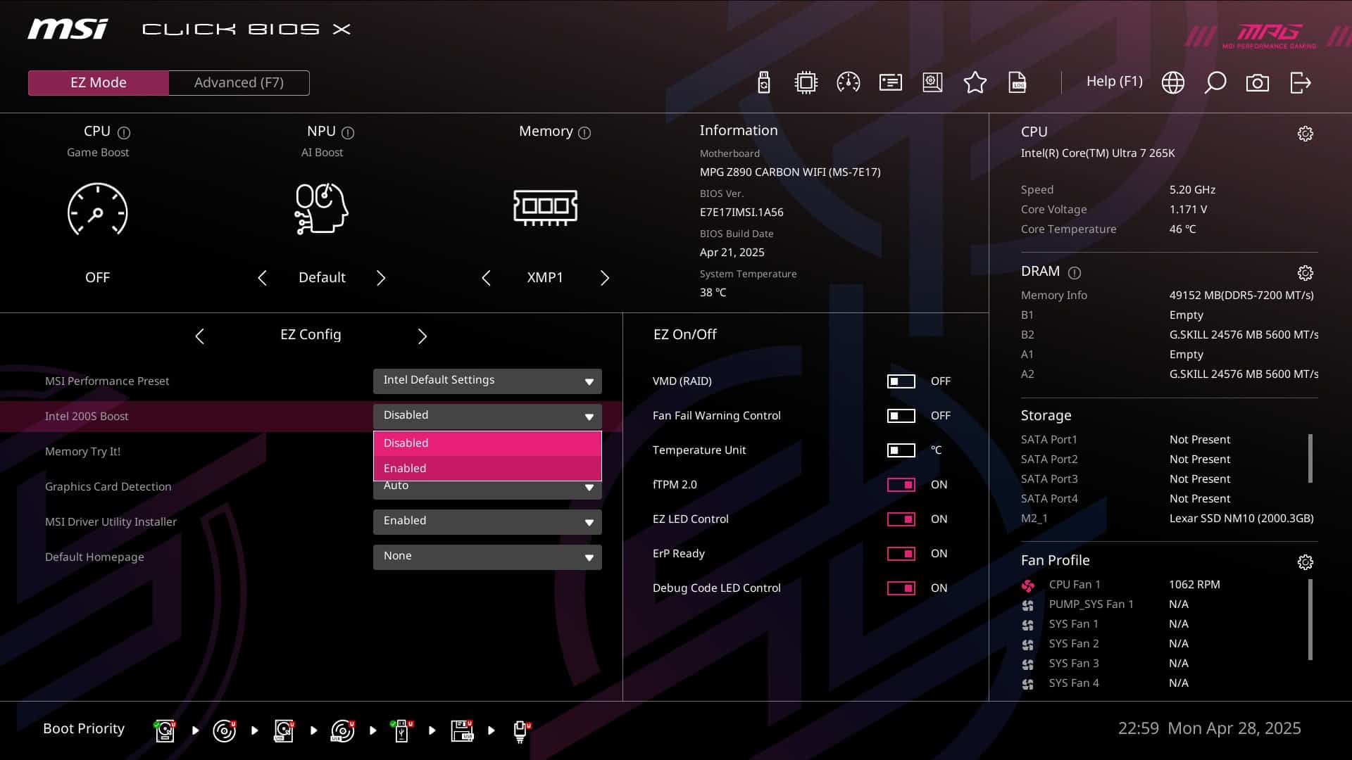 MSI MPG Z890 Carbon - bios
