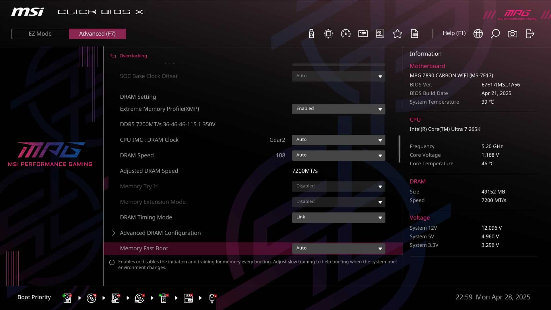 MSI MPG Z890 Carbon - bios