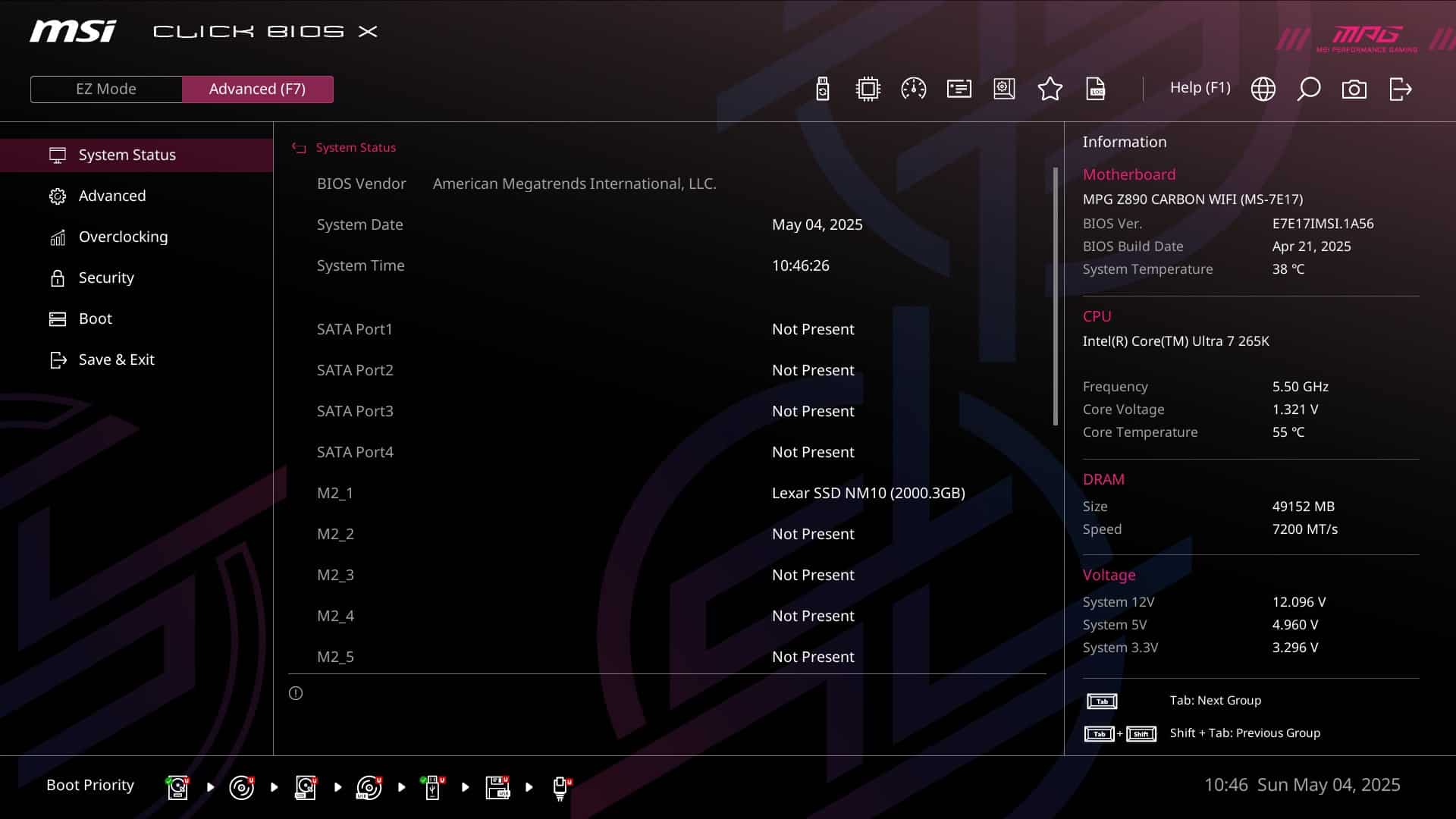MSI MPG Z890 Carbon - bios