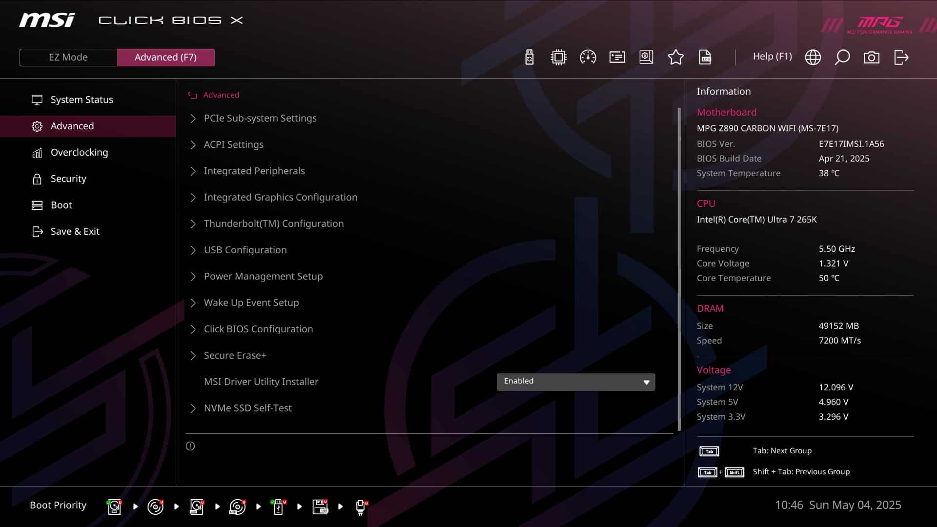MSI MPG Z890 Carbon - bios