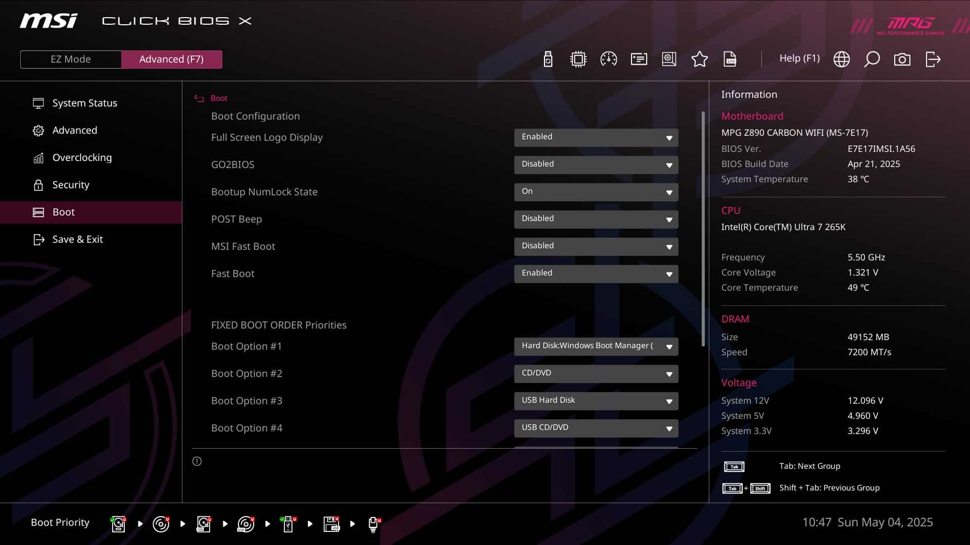 MSI MPG Z890 Carbon - bios