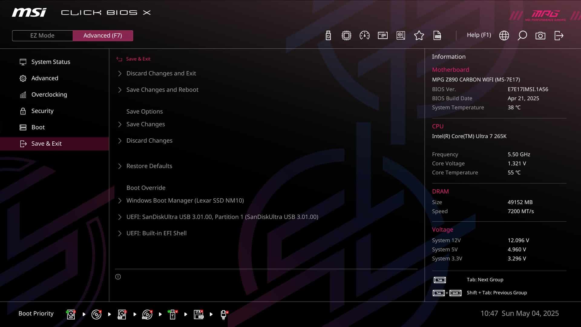 MSI MPG Z890 Carbon - bios