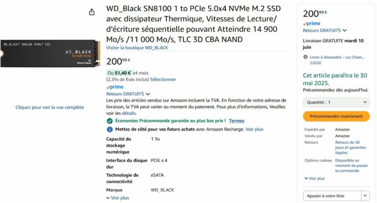 Un WD_Black SN8100 à 14,9 Go/s de lecture aperçu sur Amazon