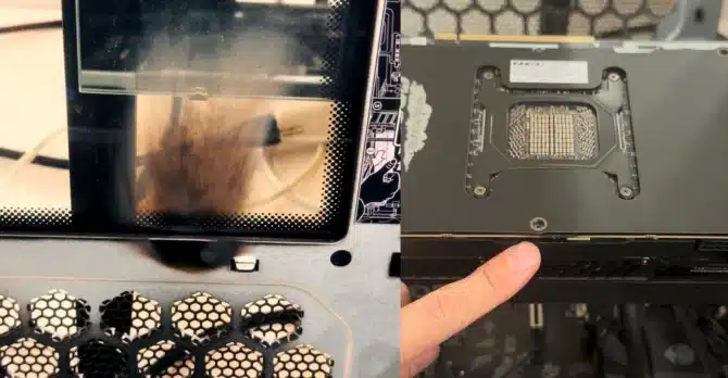 Une RTX 5090 INNO3D en feu dans un Alienware Aurora : le panneau latéral brûlé