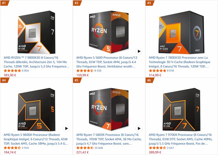 Top 10 des ventes CPU Amazon France (août 2026)